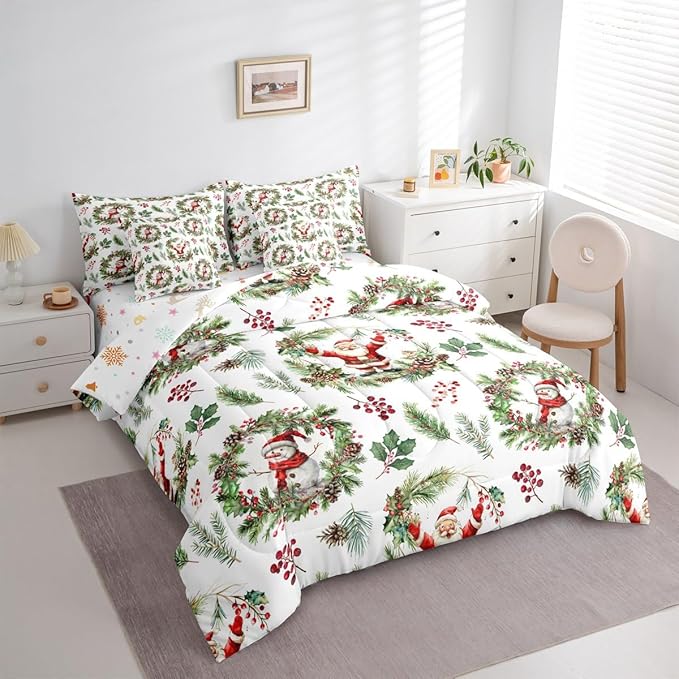 Erosebridal Cartoon Santa Claus King Comforter Set with Sheets 7 Piece Cute Xmas Snowman Bed in A Bag Winter Red Berry Pine Branches Leaf Bedding Sets for Teenager New Year Holiday Wreath Bed Set