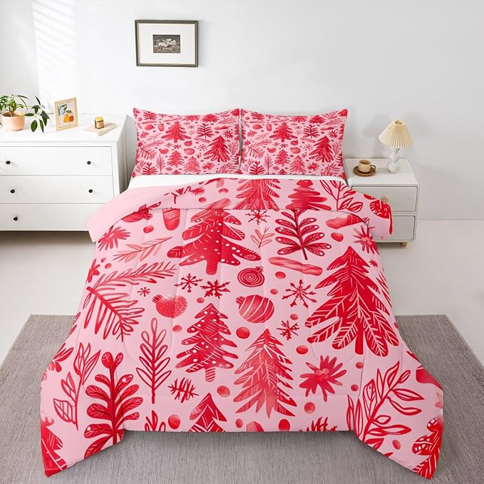 Feelyou Christmas Kids Comforter Set Queen Size Snowflake Candy Bedding Set Xmas Tree Duvet Quilt for Kids Boys Girls Bedroom Pine Tree Decor Microfiber Ultra Soft Breathable