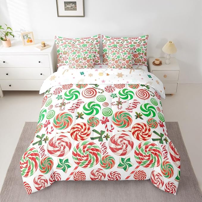 Christmas Candy Comforter Set With Sheets 7 Piece King Size Cute Bow Bed in a Bag Kids Boys Girls Red and Green Sweet Bedding Set Reversible Xmas Decor Bedroom Decor Breathable Soft Lightweight