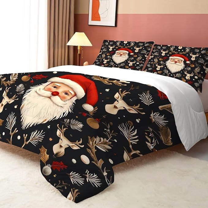 Black Christmas Comforter Set King Size Santa Claus Bedding for Girls Teen Women Xmas Reindeer Holiday Bedroom Quilt Bed Sets, 1 Comforter 2 Pillowcases