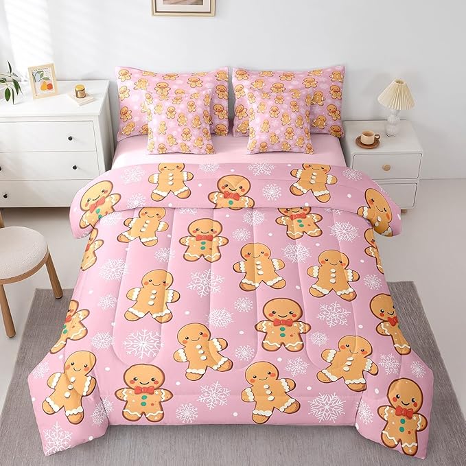 Erosebridal Christmas Gingerbread Twin Bedding Set 7 Piece,Cute Gingerbread Man Bed in A Bag,Xmas Snowflake Comforter Set Girls Sheet Set with Comforter,Pink Christmas Decoration