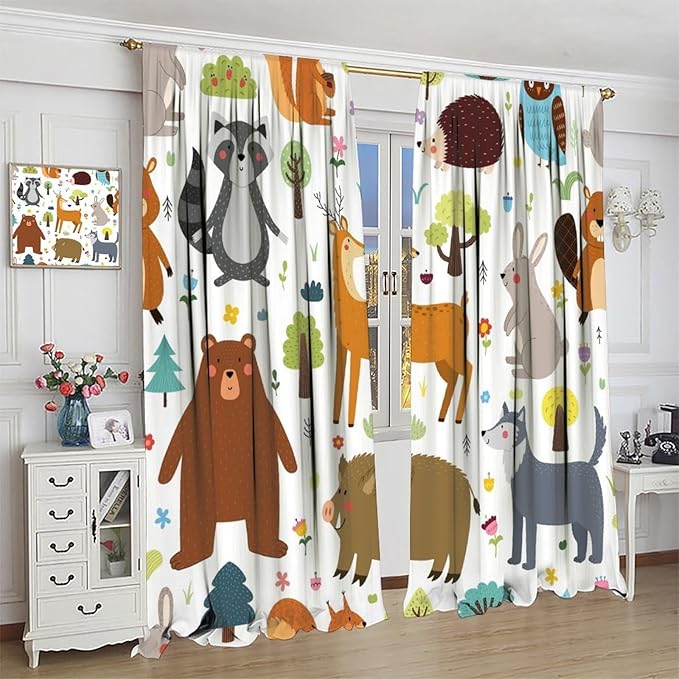 Forest Animals Kids Blackout Curtains Cartoon Cute Bear Deer Squirrel Owl Hedgehog Modern Art Print for Boys Girls Bedroom Living Room Nursery Rod Pocket Decoration Window Drapes 2 Panels W36xL63in