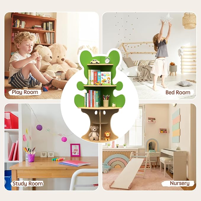 Bookshelf for Kids, Children Bear-Bookshelf, Space-Saving Montessori Toddler Corner Bookcase for Nursery, Classroom, Kindergarten, Kids Rooms
