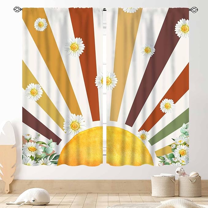 Boho Rainbow Curtains, Watercolor Bohemian Modern Abstract Daisy Floral Abstract Aesthetic Rainbow Blackout Window Treatments for Kids Girls Baby Bedroom Living Room Bathroom 2 Panels, 84"x84" Inch