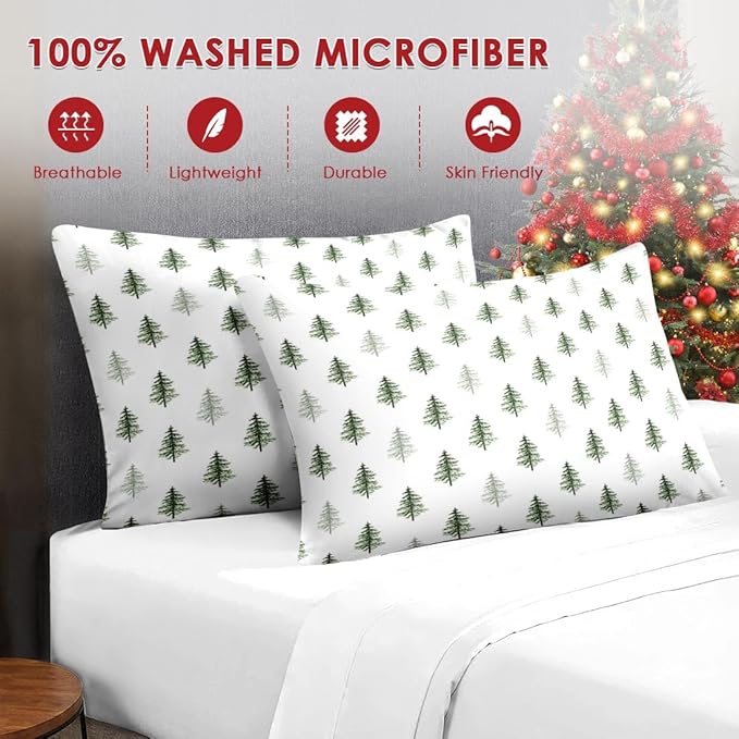 7 Pcs King Size Christmas Comforter Set with 2 Pillowcases & 2 Shams, Nature Simple Pine Tree Bedding for Kids and Adults, Winter Merry Xmas Bed in a Bag with Flat Fitted Sheet