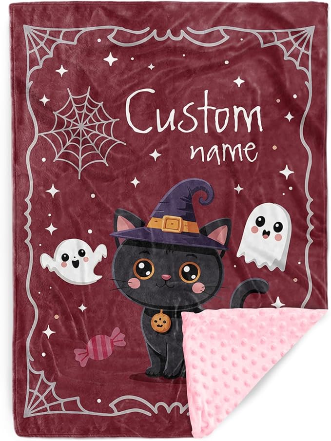 Personalized Halloween Blanket for Girls, Custom Baby Blanket with Name, Cute Cat Theme Soft Minky Dot Blanket, Halloween Decor Christmas Birthday Gifts for Kids Toddlers