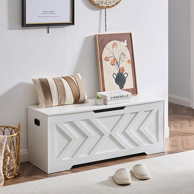 47.2” Storage Bench,Extra Large Wooden Storage Chest with 2 Safety Hinges,entryway Bench,Blanket Storage,Shoe Storage Bench for Entryway,Bedroom,Living Room,Easy Assembly-White