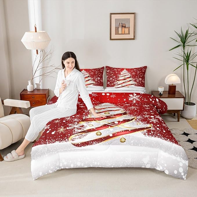 Feelyou Merry Christmas Comforter Set King Size Christmas Tree Bedding Set for Kids Boys Girls Snowflake Duvet Quilt Winter Bedroom Decor Microfiber 3 Pcs with 2 Pillow Cases