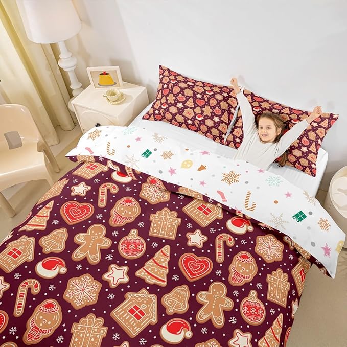 Christmas Duvet Cover Boys Christmas Gingerbread Man Bedding Set for Kids Teens Ultra Soft Snowflake New Year Comforter Cover Set Xmas Theme Bedspread Cover Room Decor King Size Bedclothes Zipper