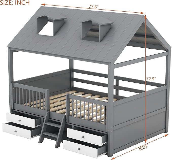 Merax Full Size Wood House Bed Frame with Full-Length Fence and 4 Storage Drawers, Kids Playhouse Tent Bed with Roof and 2-step Ladder for Children Boys Girls Teens Bedroom, No Box Spring Needed, Gray
