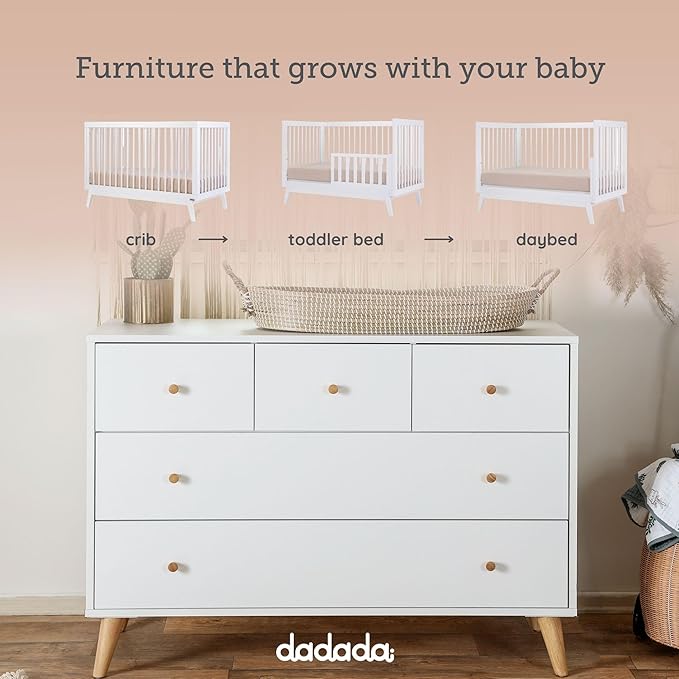 dadada Baby Harmony Nursery Set, Furniture Set. Baby Crib and Dresser Combo. Soho 3 in 1 Convertible Crib and Austin 5 Drawer Nursery Dresser. White Beechwood