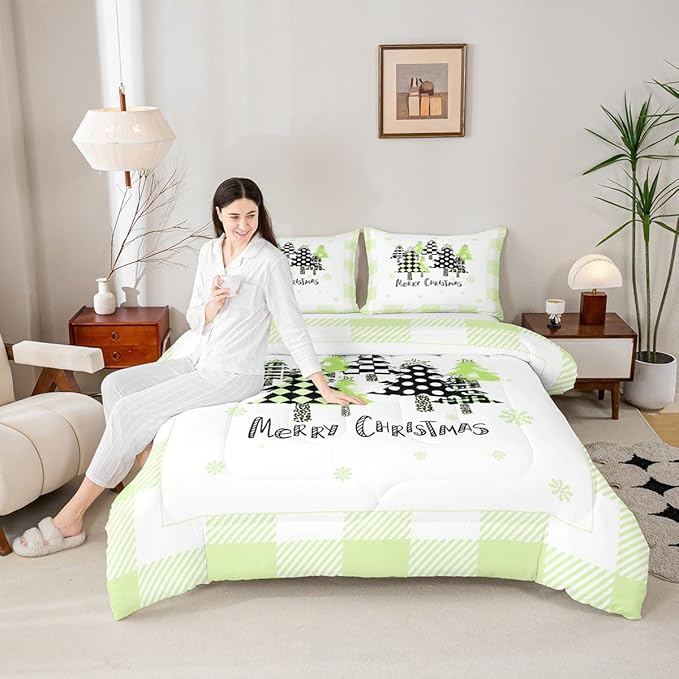 Manfei Xmas Trees Comforter Set Twin Size, Green Plaid Grid Snowflake Bedding Set 2pcs for Kids Girls Adults Bedroom Decor, Christmas Theme Down Comforter New Year Quilt Set with 1 Pillowcase