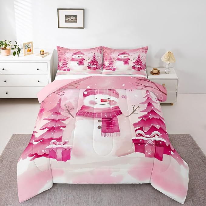 Feelyou Pink Christmas Comforter Set Twin Size Snowman Bedding Set for Kids Boys Girls Cute Snowflake Duvet Quilt Merry Christmas Tree and Snowman Bedroom Decor 2 Pcs with 1 Pillow Cases