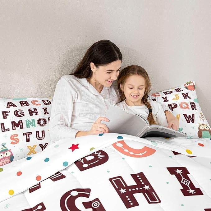 Feelyou Alphabet Kids ABC Learning Comforter Set Queen Size Cartoon Owls Bedding Set for Kids Boys Girls Educational Nursery Art Duvet Quilt Wildlife Bedroom Decor 3 Pcs with 2 Pillow Cases
