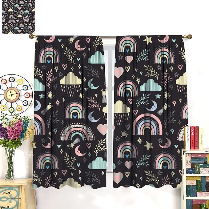 Boho Rainbow Curtains for Kids Nursery Colorful Floral Sun Star Clouds Pastel Bohemian Pattern Print Window Drapes for Girl Bedroom Living Room Kitchen Decor,2 Panel Set,52Wx84H Inch Blackout