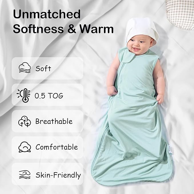 Supersoft Rayon Made from Bamboo Sleep Sack 3-6 Months Newborn Sleep Sack 0-3 Months 0.5 Tog Baby Wearable Blanket with 2-Way Zipper Summer Unisex Sleeping Bag for Babies (2 Pack) Green & Blue