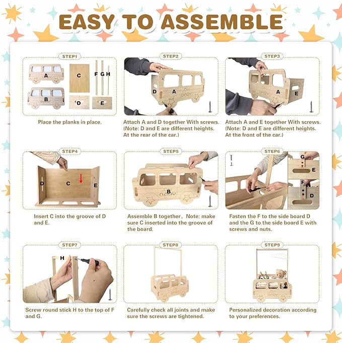 fun-plus Baby Shower Crate Closet, Bus Shape Baby Shower Basket with Handle Baby Storage Crate, Wooden Crate for Pregnancy New Parent (Bamboo made)