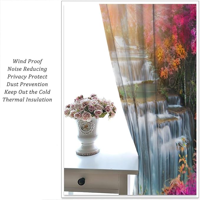 Waterfall Blackout Window Curtains, Nature Landscape Fores Theme Rod Pocket Window Drapes, for Living Room Bedroom 42" W X 54" L