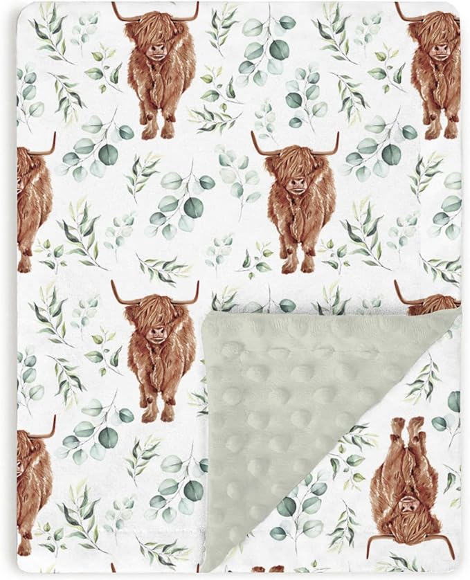 Highland Cow Baby Blankets for Girl Boy 30" x 40", Green Eucalyptus Leaf Soft Double Layer Minky Blanket Dotted Fleece Back, Nursery Bed Receiving Quilt Newborn Infant Toddler Shower Gift