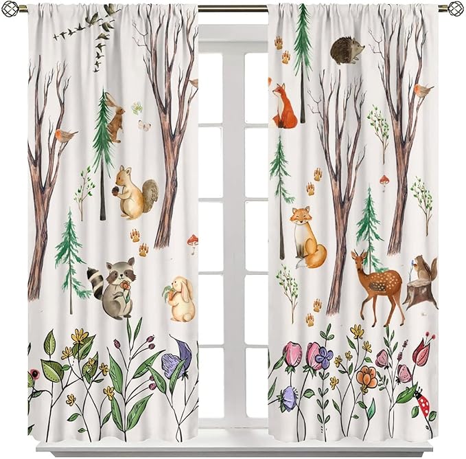 Forest Animal Kids Curtains, Watercolor Cartoon Window Treatments, Cute Animal Floral Girl Toddler Home Bedroom Living Room Drapes 42x45 Inch