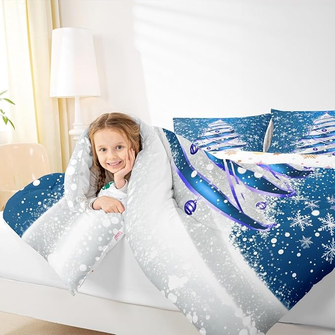 Feelyou Merry Christmas Kids Comforter Set Full Size Christmas Tree Bedding Set Snowflake Duvet Quilt for Kids Boys Girls Bedroom Winter Decor Microfiber Ultra Soft Breathable