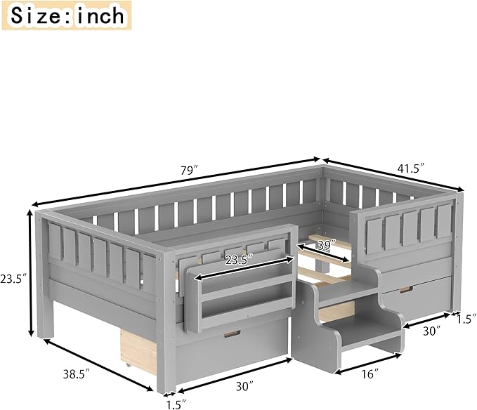 Bellemave Twin Bed with Slats and Stairs, Twin Size Platform Bed Frame with Fence, Bookshelf and Storage Drawers, Easy Assemble Beds for Kids, Girls, Boys, Gray