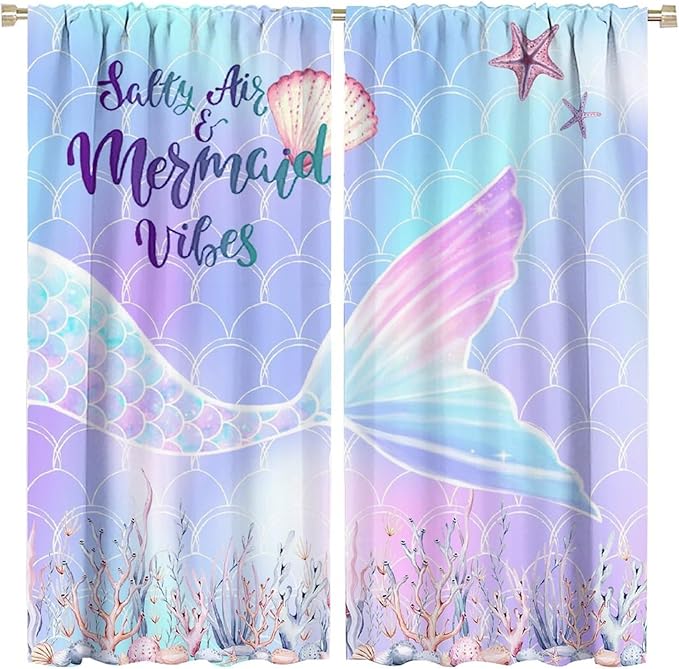 Fantasy Mermaid Curtain Colorful Rainbow Fish Tail Ocean Theme Beautiful Kids Window Treatment for Girls Bedroom Nursery Room Decor Rod Pocket Window Drapes 84x84in