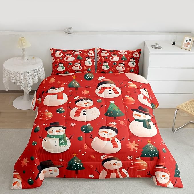 Feelyou Christmas Comforter Set Twin Size Snowman Bedding Set for Kids Boys Girls Snowflake Duvet Quilt New Year Theme Bedroom Decor Microfiber 2 Pcs with 1 Pillow Cases