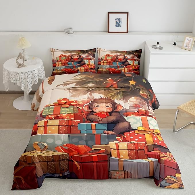 Santa Monkey Comforter Set Full Size,Merry Christmas Holiday Theme Bedding Set 3Pcs,Christmas Tree Decoration Quilt Set Kids Girls Boys Room Decor Cartoon Animal Xmas Style Duvet Insert,2 Pillowcases