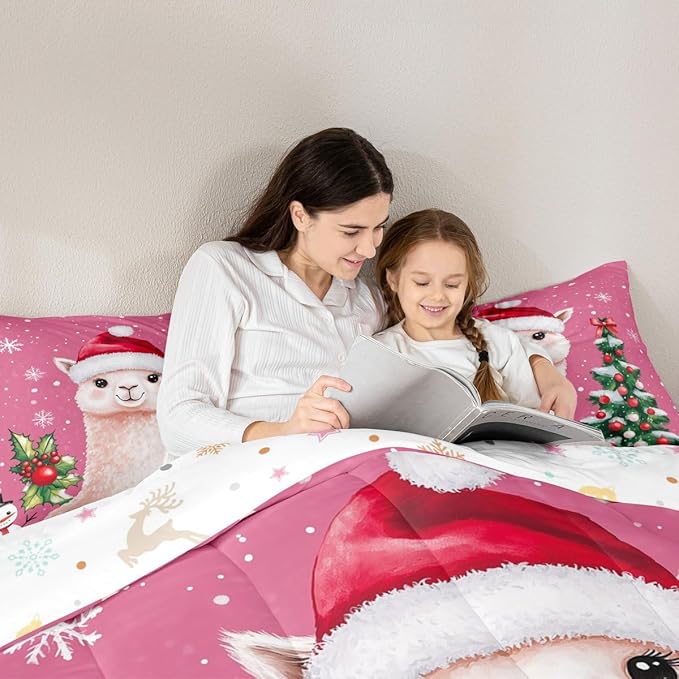 Feelyou Merry Christmas Bedding Set Soft for Boys Girls, Cute Llama Comforter Set Full Size Snowflake Duvet Quilt Microfiber Christmas Tree Bedroom Decor 3 Pcs with 2 Pillow Cases