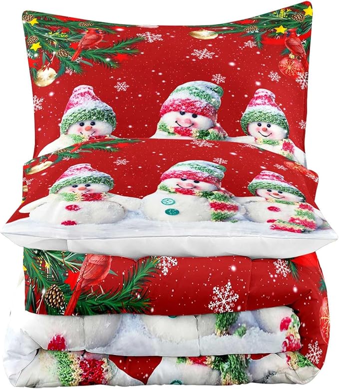 LUVIVIHOME 2PCS Merry Christmas Comforter Set Twin Size, Funny Cute Snowman Bedding, Cardinal Snowflake Xmas Christmas Bedroom Decor for Kids Girls Boys Teens, Red Quilt, 1 Pillow Case