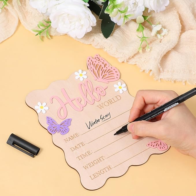 Welcome Baby Sign, Hello World Newborn Sign, Pink Baby Name Announcement Mark, Butterfly Chrysanthemum Birth Announcement Signs for Girls And Boys in Hospitals, Nursery And Family Use.