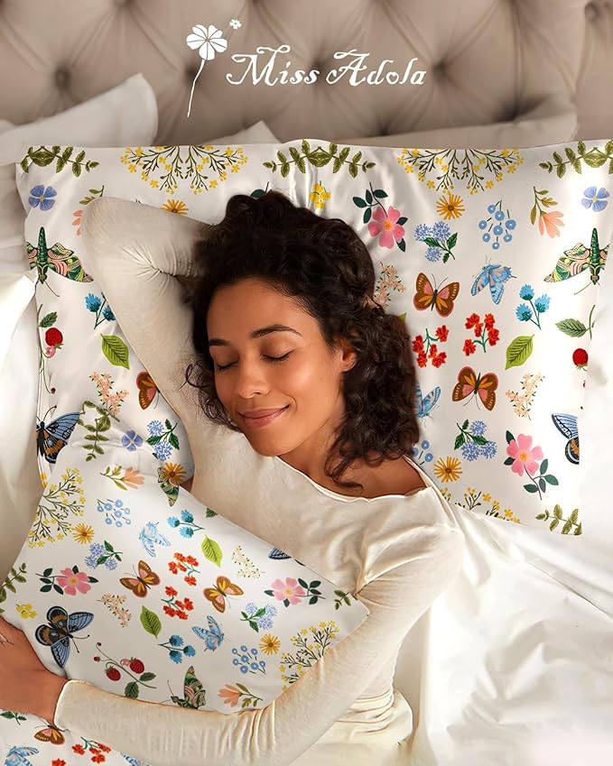 Silk Pillowcase 2 Pack - Pillow Cases 20" x 36" King Size Set of 2 for Hair and Skin Smooth Soft Breathable with Hidden Zipper Cooling Pillow Covers for Sleeping, Butterfly Leaf