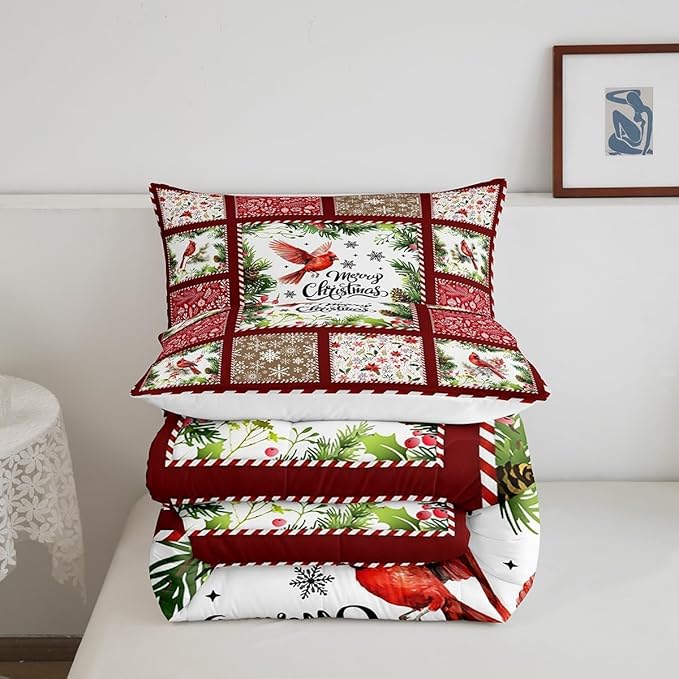 Castle Fairy Merry Christmas Comforter Set Toddler Size,Xmas Rustic Patchwork Watercolor Cardinal Bird Bedding Set for Kids Boys Men,Red Floral Leaves Snowflakes Plaid Quilt Set with 1 Pillowcase