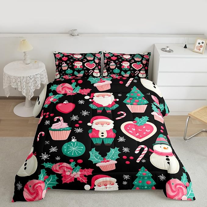 Feelyou Christmas Decor Comforter Set King Size Pink Santa Claus Bedding Set for Kids Boys Girls New Year Gift Duvet Quilt Snowman Bedroom Decor Microfiber 3 Pcs with 2 Pillow Cases