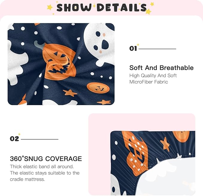 Crib Sheet, Unisex Crib Sheet, Soft and Comfortable for Standard Crib and Toddler Mattress, Ghosts and Halloween Pumpkins
