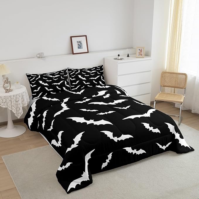 Erosebridal Bat Comforter Set Queen Size for Kids Bedroom with 2 Pillow Cases Happy Halloween Bedding Set Gothic Spooky Duvet Insert Cartoon Style Quilt, Black White