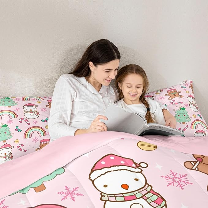 Feelyou Christmas Kids Comforter Set King Size Merry Christmas Tree and Snowman Bedding Set Gingerbread Man Duvet Quilt for Kids Boys Girls Bedroom Rainbow Print Decor Snowflake Ultra Soft Breathable