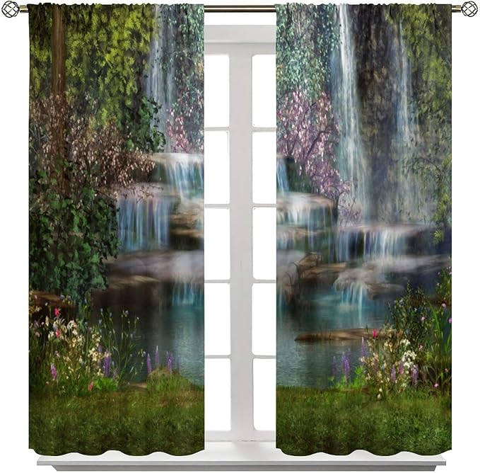 Natural Waterfall Blackout Window Curtains, Waterfalls Flowers Trees Landscape Window Drapes, for Living Room Bedroom 55" W X 63" L