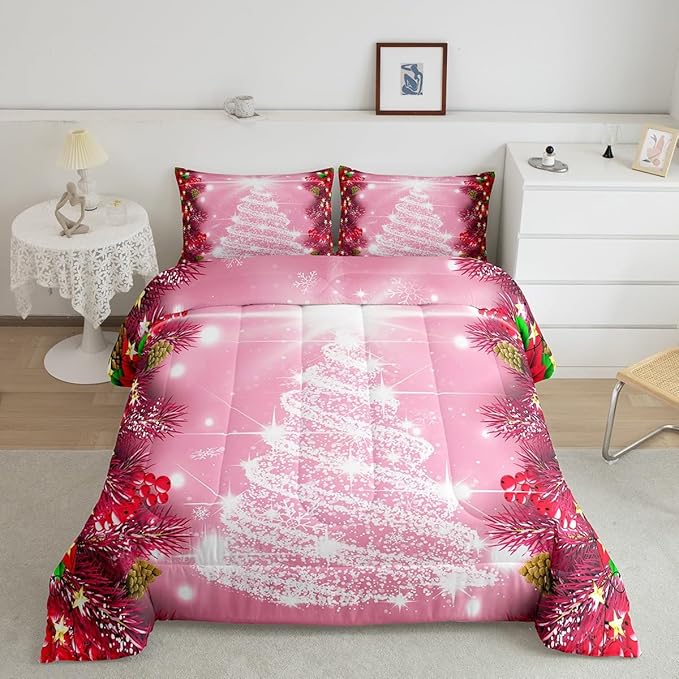Feelyou Kids Merry Christmas Decorations Comforter Set, Kids Santa Tree Bedding Set Toddler Size for Boys Girls Teens Xmas Christmas Bell Decor Comforter Glitter Pink Quilt Set