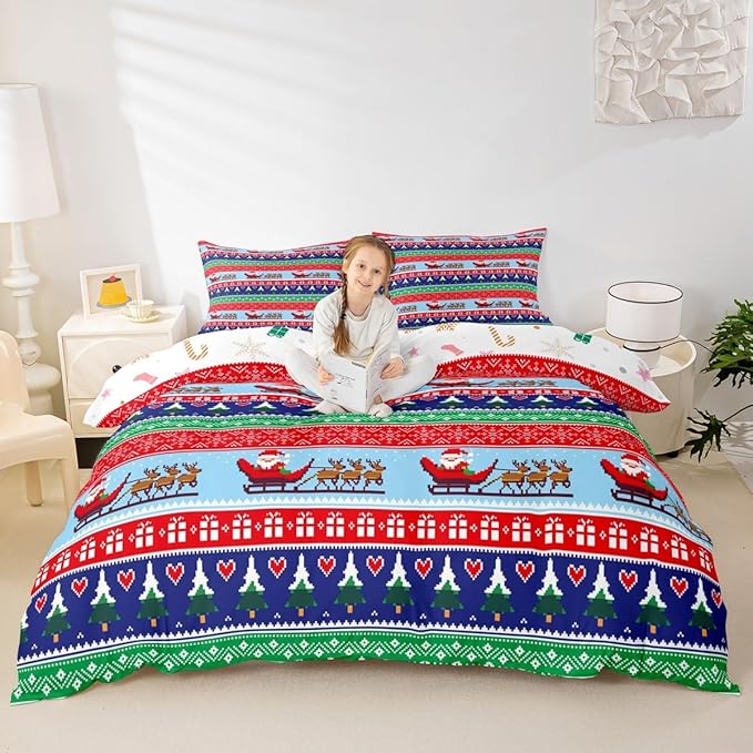 Christmas Duvet Cover Cartoon Santa Claus Deer Bedding Set for Kids Boys Girls Teens Room Decor Christmas Tree Comforter Cover Set Exotic Ethnic Pattern Bedspread Cover 2Pcs Zipper Toddler Size