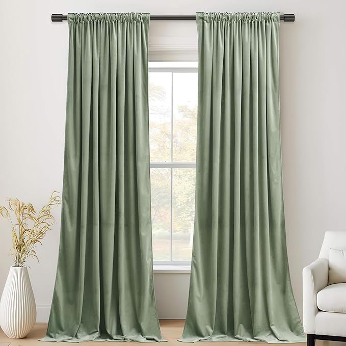 StangH Retro Green Velvet Curtains 84 Inches, Room Darkening Super Soft Drapes with Pleat Tape for Living Room Bedroom, Thermal Insulated Window Treatment, 52 x 84 Inch, 2 Panels