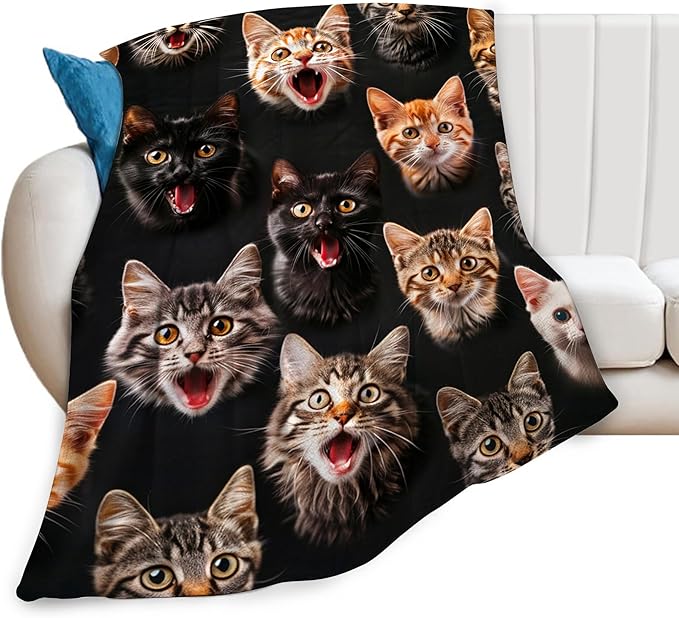 Flannel Cat Throw Blanket, 80"x60", White, Modern Style, Warm, Moisture-Wicking, Perfect for Napping, Reading, Camping, Travel