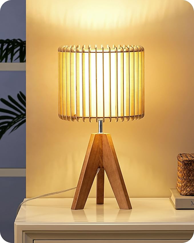 EDISHINE 14.17" Small Table Lamp, Wood Tripod Bedside Lamp, Natural Wood-Colored Hollow & White PVC Shade, E26 Base, Boho Nightstand Lamp for Bedroom, Living Room, Office, Study