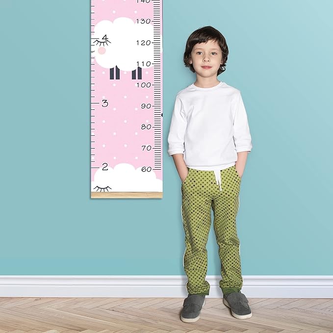 Kids Growth Chart Ruler for Wall Wood Frame Height Measure Chart 13.4x56 in Linen Hanging Height Growth Chart Pink Dot Sheep Kids Room Decor