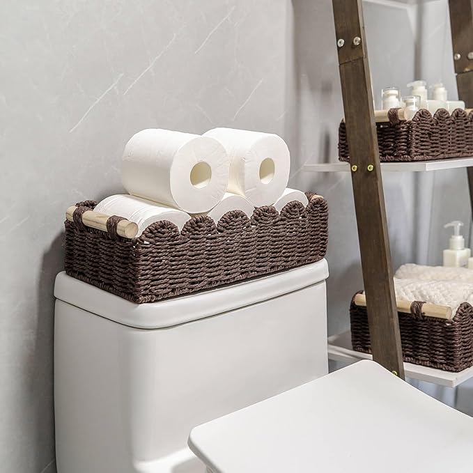 CubesLand Paper Rope Scalloped Edge Shelves Baskets Set 2, Idea for Over Toilet Storage Shelf, End Table, Nightstand, Toilet Tank Basket with 2 Wood Handle, Stylist&Useful Both Storage&Decor, Brown