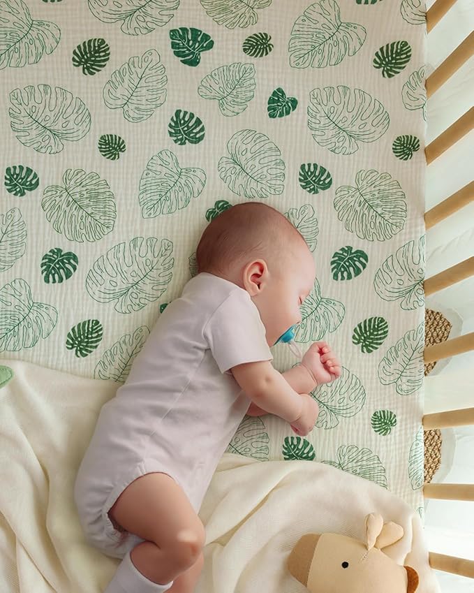 Blissful Diary Muslin Crib Sheets for Girl Boy, Boho Neutral Soft Cotton Baby Sheet for 52''x28'' Standard Crib Mattress, 2 Pack(Monstera&Dark Green)