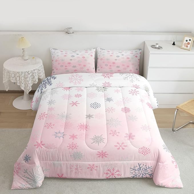 Feelyou Pink Snowflake Comforter Set King, Glitter Snowflake Comforter for Boys Girls Winter Theme Bedding Set Winter Holiday Duvet Set Decorative 3Pcs