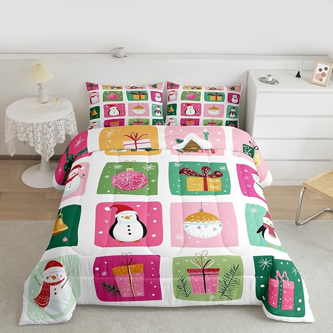 Feelyou Happy New Year Bedding Set Soft for Boys Girls, Christmas Decor Comforter Set Twin Size Merry Christmas Duvet Quilt Microfiber Winter Penguin Bedroom Decor 2 Pcs with 1 Pillow Cases
