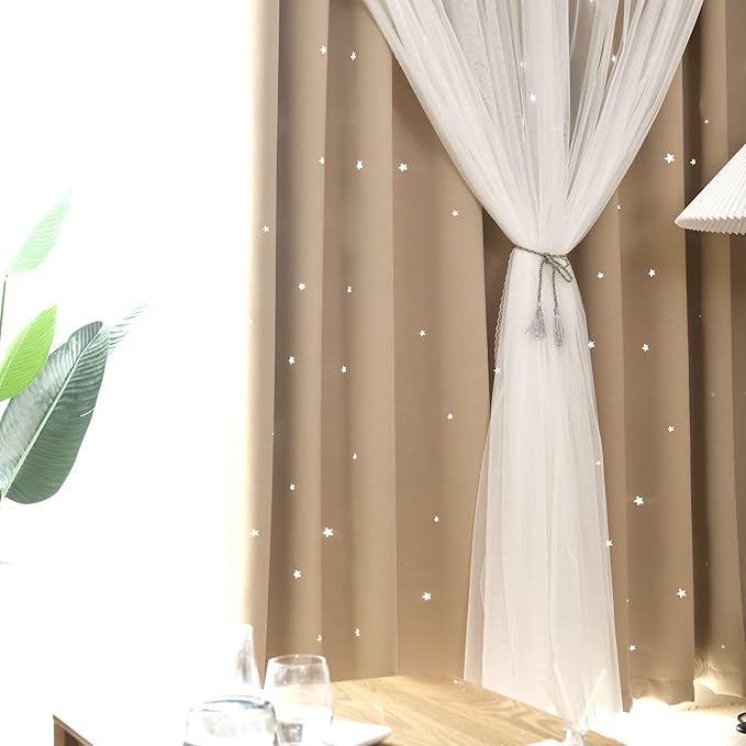 Kinryb Kids Blackout Curtains for Bedroom/Living Room/Classroom, Sheer Overlay 2 Panel Set, Double Layer Curtains with Star Cutout for Kids Room(Each Piece W 70 x L 84 Inches 2 Pcs Beige)